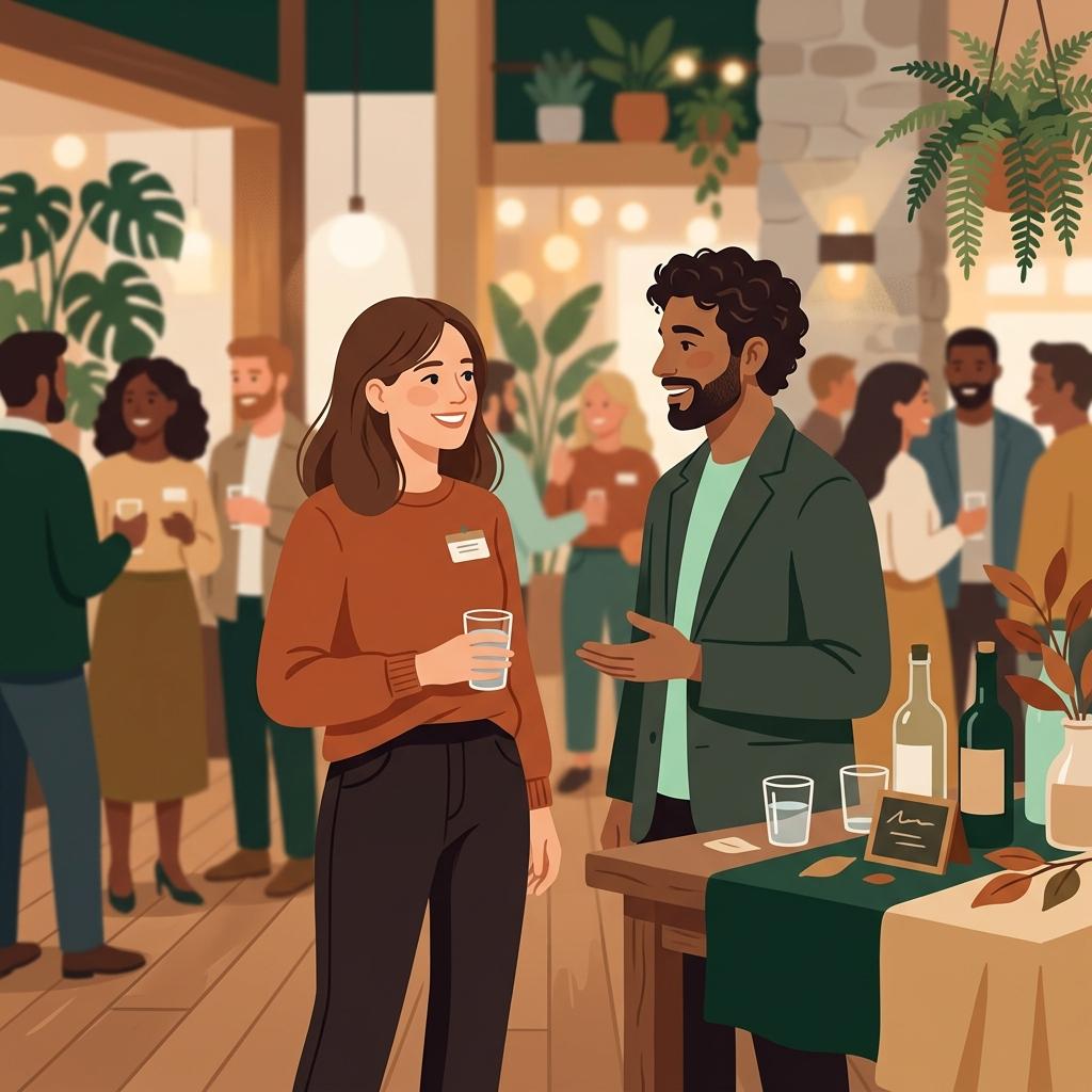 A person having a calm one-on-one conversation at a relaxed networking event