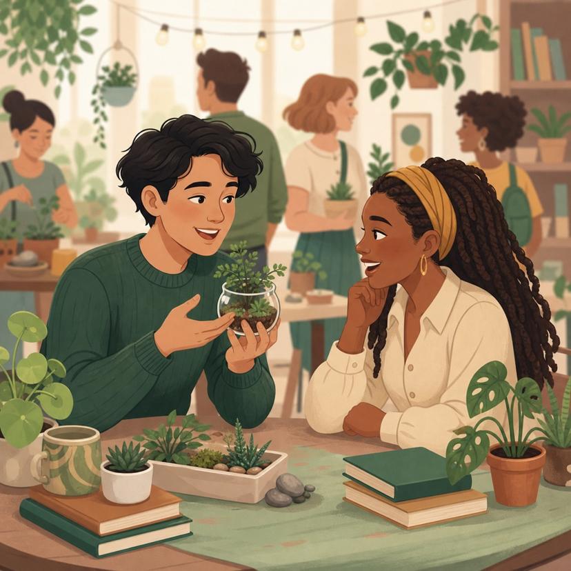Two new acquaintances talking naturally over a shared plant hobby at a community event