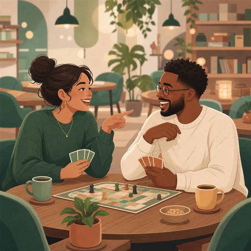 Two friends laughing and trading playful comments over a board game at a café