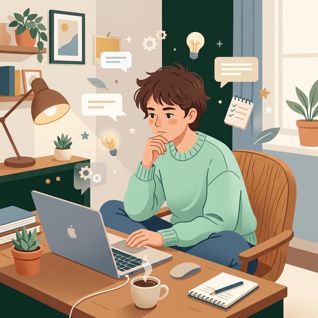 A thoughtful person at their desk, surrounded by chat bubbles and lightbulb ideas